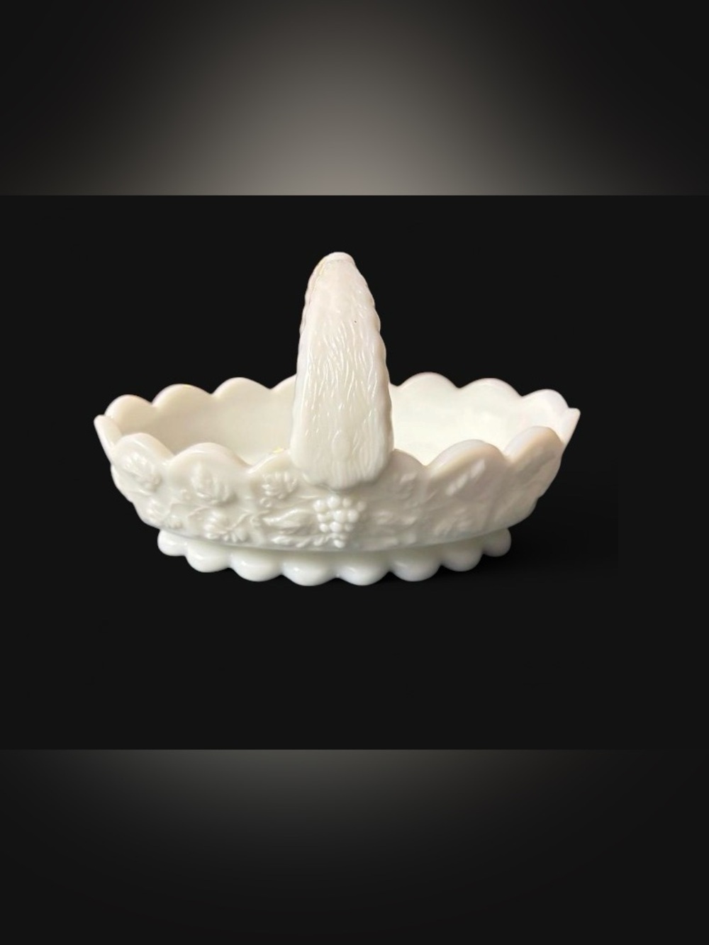 Westmoreland Milk Glass Basket Split Handle Grapes and Leaves MCM White Dish